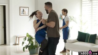 Married latina maid cheats with wealthy homeowner with husband right there