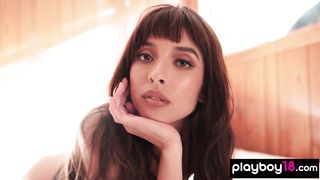 Big boobed latina beauty Stephanie Angulo lounging around and stripping