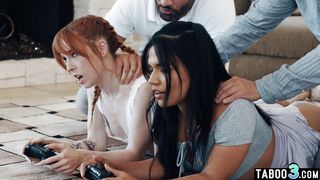 Latina teen Summer Col and her redhead BFF taboo fucked by their stepdads