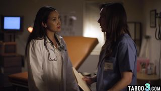 Hot latina MILF doctor Vicki Chase lures a nurse Sinn Sage into lesbian sex