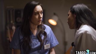 Hot latina MILF doctor Vicki Chase lures a nurse Sinn Sage into lesbian sex