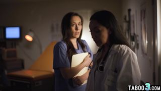 Hot latina MILF doctor Vicki Chase lures a nurse Sinn Sage into lesbian sex