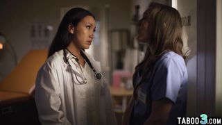 Hot latina MILF doctor Vicki Chase lures a nurse Sinn Sage into lesbian sex