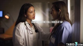 Hot latina MILF doctor Vicki Chase lures a nurse Sinn Sage into lesbian sex