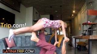 Acro yoga lesson ends in a petite amateur blonde latinas Barby exotic pussy