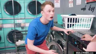 Young guy is sucked and fucks busty milfs in a laundry room