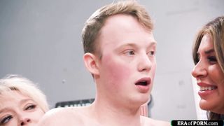 Young guy is sucked and fucks busty milfs in a laundry room