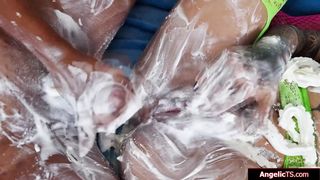 Busty latina shemale Katy Baretto anal milk squirted in face