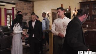 Big ass MILF Penelope Woods served hot dinner for group of big cock guys