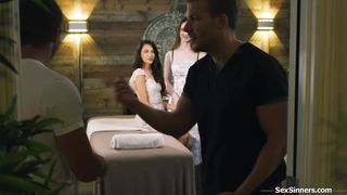 Horny masseurs focus on one client to fuck next to her wife