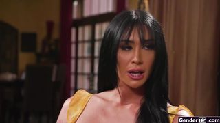 Soldier is down for a big tits shemale barebacking threesome