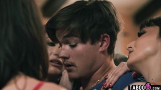 4 MILF stepmoms fuck their stepson together in this twisted story