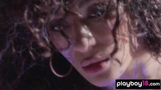 Petite curly latina teen Kyrah MeLena posing naked for Playboy outdoor