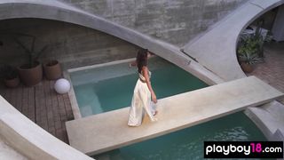 Petite confident latina teen Carolina Reyes loves nude swimming outdoor
