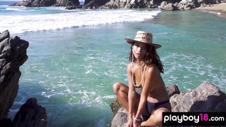 Flexible all natural latina teen Carolina Reyes posing nude at the beach