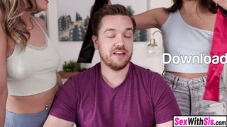 Teen stepsister and Latina MILF bestie blindfold and fuck stepbro