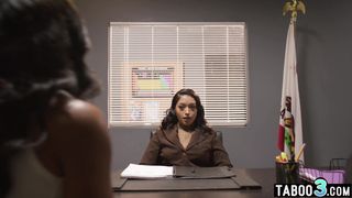 Ebony MILF August Skye and husband confronting with the latina counselor