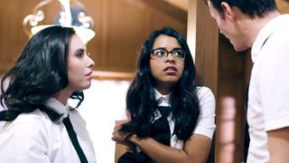 Innocent Latina teen got convinced into threesome with classmates