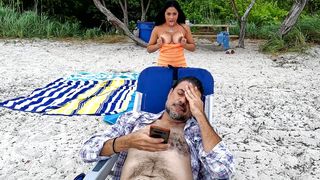 Bored big tits Latina stepsis fucks stepbro at the beach outdoors