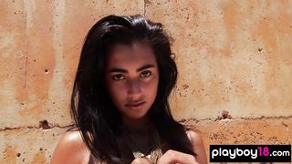 Petite Costa Rican teen Katherinne Sofia poses naked under the hot sun